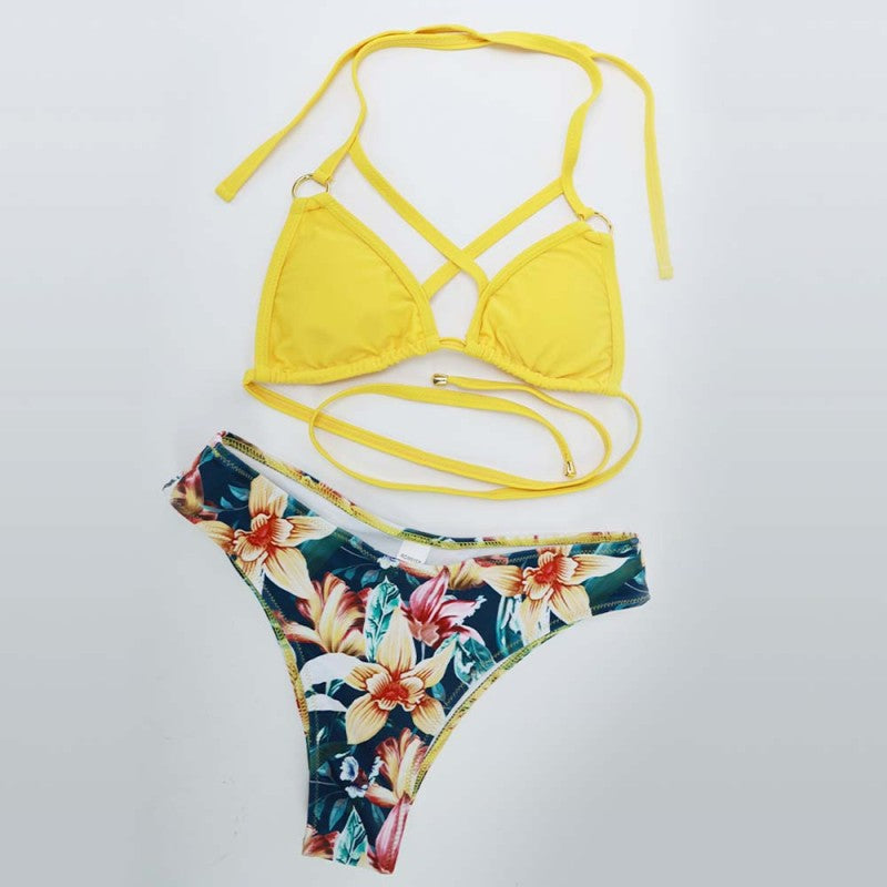 Gelber Mikro-Triangel-Hawaiian-Bikini mit Trägern