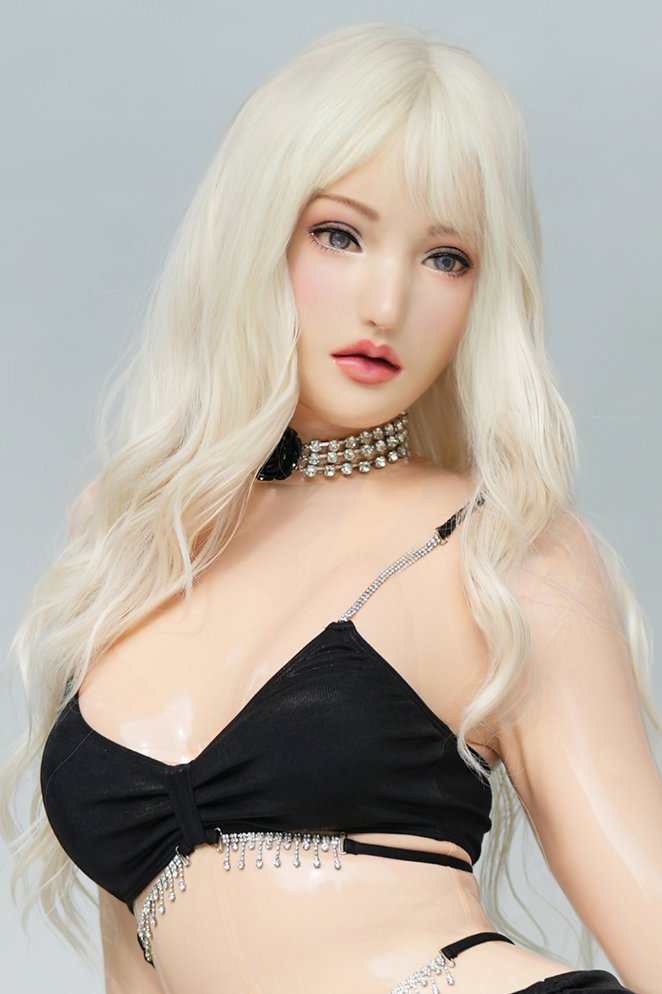 Platinblonde, lange, lockige Perücke mit Pony