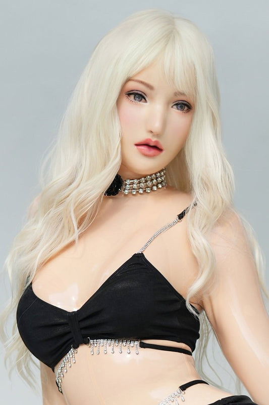 Platinblonde, lange, lockige Perücke mit Pony