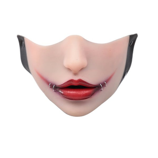Neue Fetisch-Halbmaske mit Ziernähten – Clown-rote Lippen